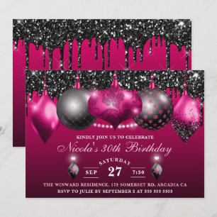 Elegant Hot Pink & black Glitter Baubles Birthday Invitation