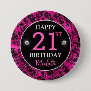 Elegant Hot Pink & Black Glitter Flowers Birthday 3 Inch Round Button