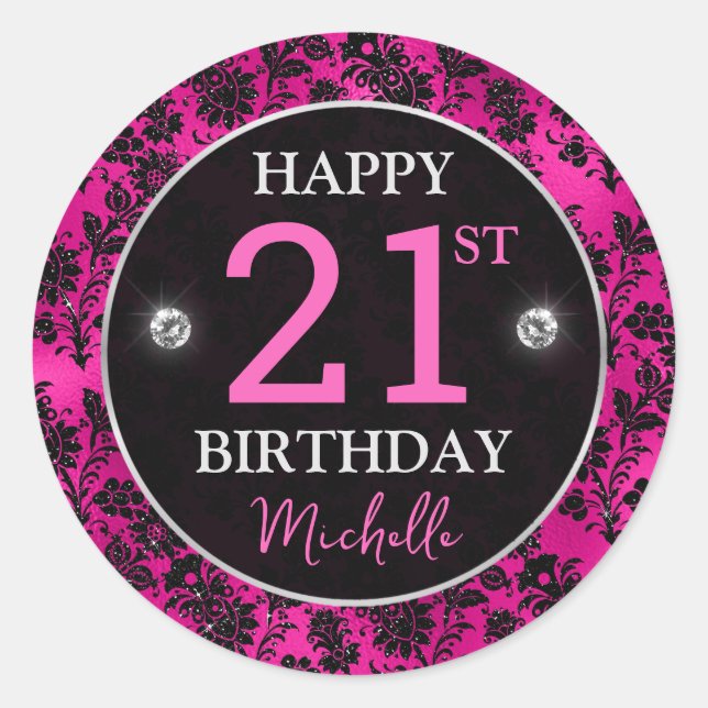 Elegant Hot Pink & Black Glitter Flowers Birthday Classic Round Sticker (Front)