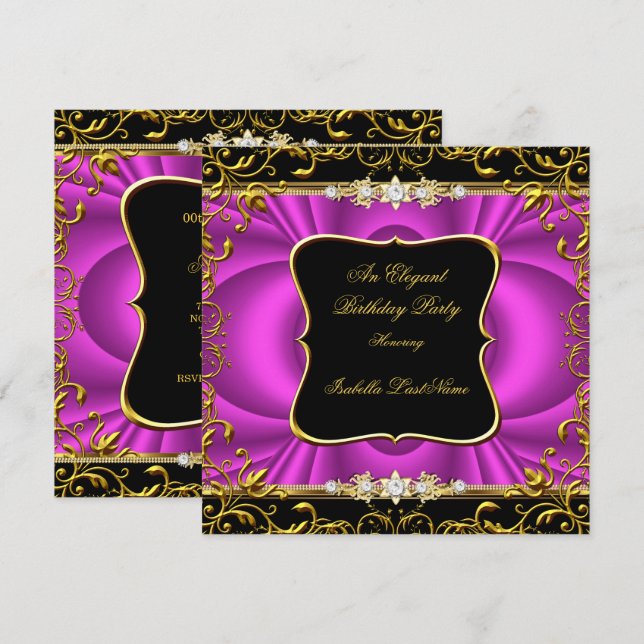 Elegant Hot Pink Damask Black Gold Birthday Party Invitation (Front/Back)