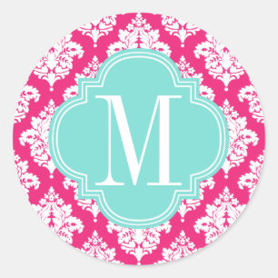 Elegant Hot Pink Damask Personalized Classic Round Sticker