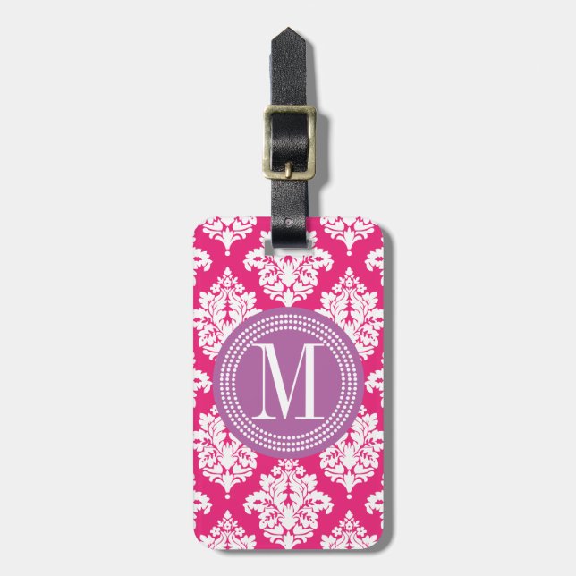 Elegant Hot Pink Damask Personalized Luggage Tag (Front Vertical)