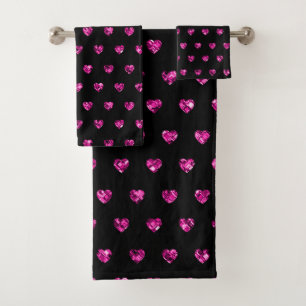 Elegant Hot Pink Diamond Hearts Sparkle Glamour Bath Towel Set