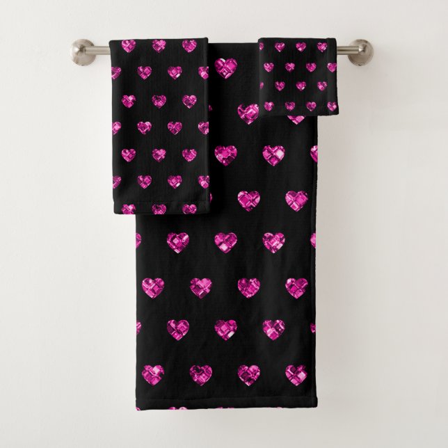 Elegant Hot Pink Diamond Hearts Sparkle Glamour Bath Towel Set (Insitu)