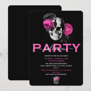 Elegant Hot Pink Floral Skull Halloween Party Invitation