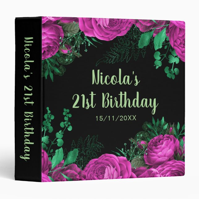Elegant Hot Pink Flowers Birthday Party Binder (Front/Spine)