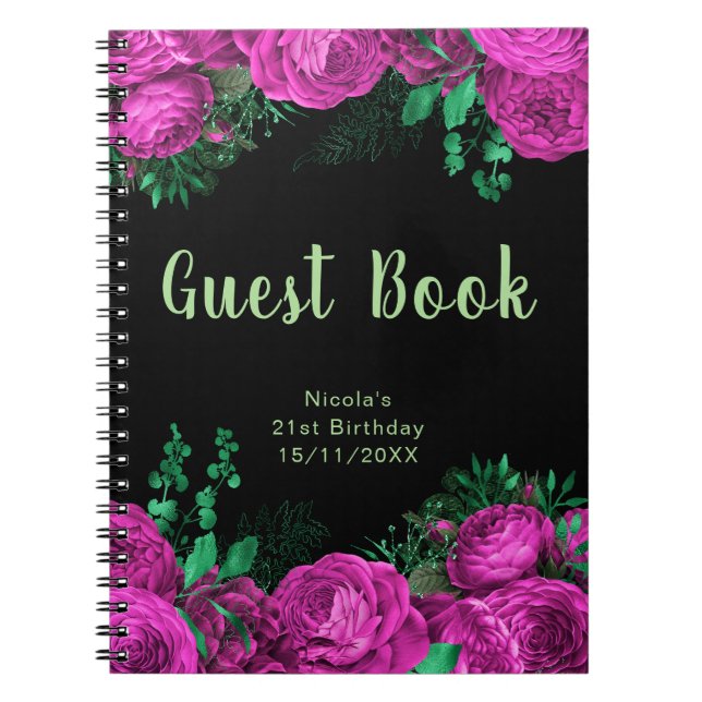 Elegant Hot Pink Flowers Birthday Party Guest Book (Front)