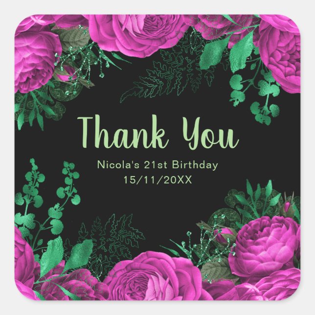 Elegant Hot Pink Flowers Birthday Party Square Sticker (Front)