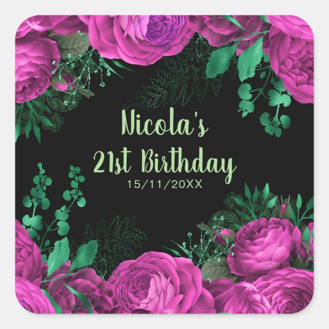 Elegant Hot Pink Flowers Birthday Party Square Sticker (Front)