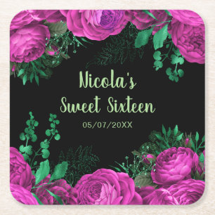 Elegant Hot Pink Flowers Sweet Sixteen Square Paper Coaster