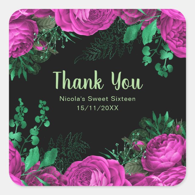 Elegant Hot Pink Flowers Sweet Sixteen Square Sticker (Front)