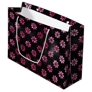 Elegant Hot Pink Glitter and Black Flowers Pattern Large Gift Bag