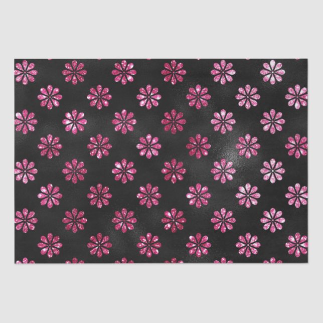 Elegant Hot Pink Glitter and Black Flowers Pattern Tissue Paper (Front)