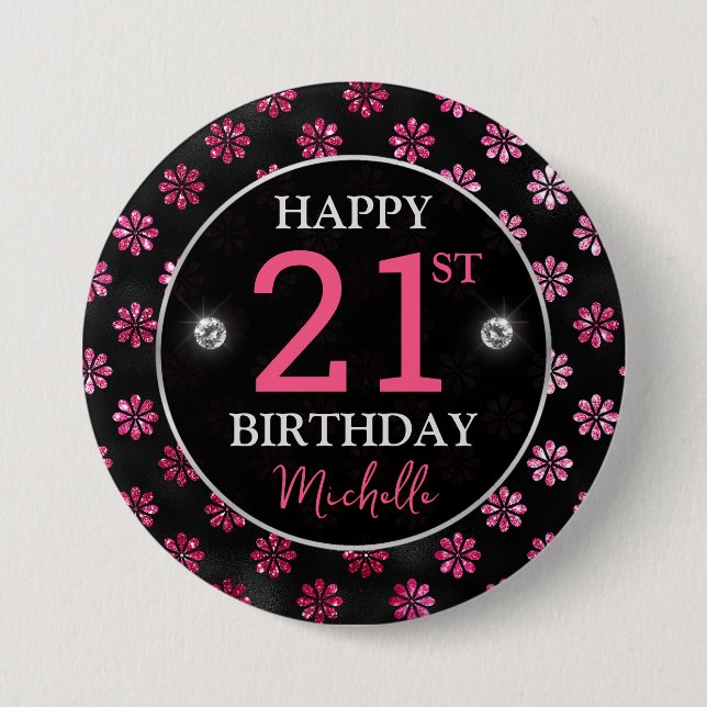 Elegant Hot Pink Glitter & Black Flowers Birthday 3 Inch Round Button (Front)