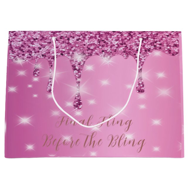 Elegant Hot Pink Glitter Drip Bachelorette  Large Gift Bag (Front)