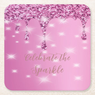 Elegant Hot Pink Glitter Drip Bachelorette Square Paper Coaster