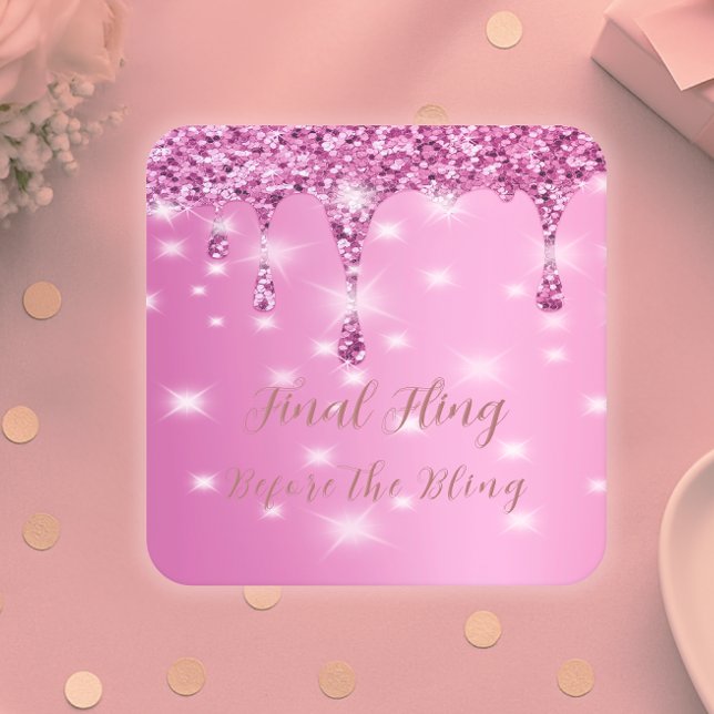 Elegant Hot Pink Glitter Drip Bachelorette Square Paper Coaster (Hot pink coasters for bachelorette parties, bridal gifts, or luxe drink station styling.)