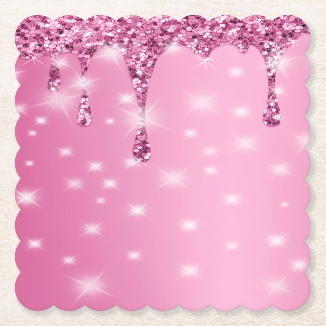 Elegant Hot Pink Glitter Drip  Paper Coaster (Front)