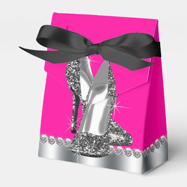 Elegant Hot Pink Glitter High Heel Shoe Favor Box (Front Side)