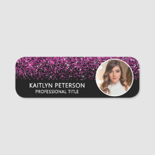 Elegant Hot Pink Glitter Magnetic Employee Photo  Name Tag