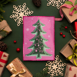 Elegant Hot Pink Glitter Papercut Christmas Tree Holiday Card