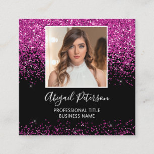 Elegant Hot Pink Glitter Photo QR Code Black Square Business Card