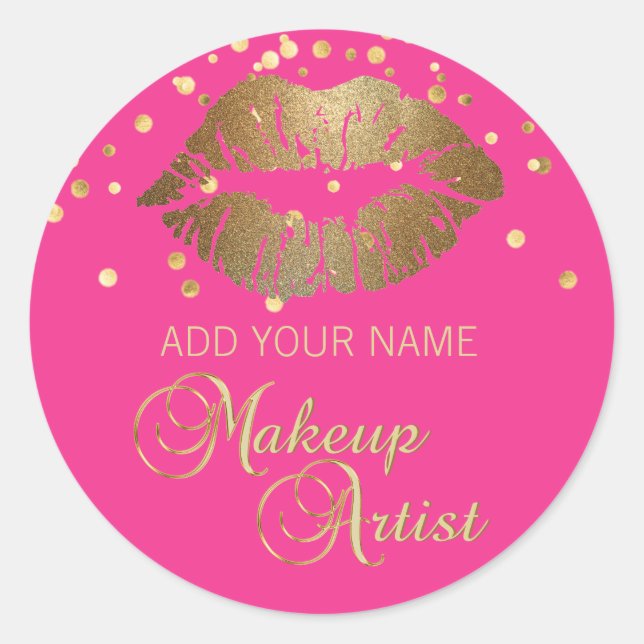 Elegant Hot Pink Gold Lips Business Makeup Artist Classic Round Sticker (Front)