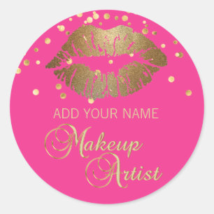 Elegant Hot Pink Gold Lips Business Makeup Artist Classic Round Sticker