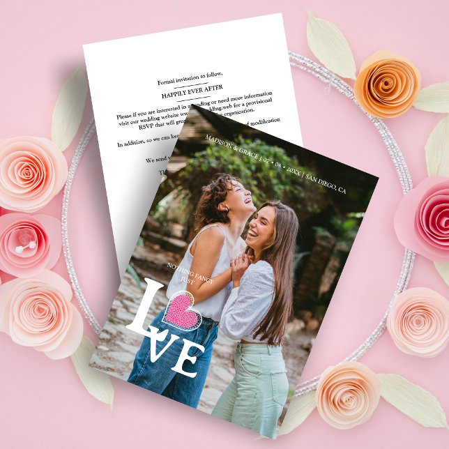 Elegant Hot Pink Heart Photo Fancy Love Wedding Save The Date (Minimalist Elegant Photo Trendy Fake Lace Hot Pink Heart Love Quote Wedding Save the Date Card.)