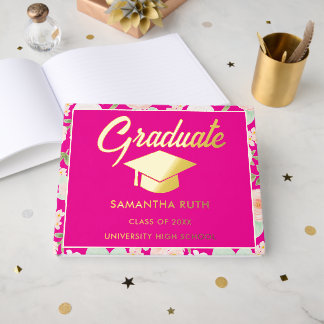 Elegant Hot Pink Ivory Floral Graduation Party  Guest Book