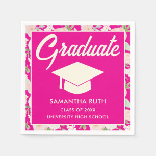 Elegant Hot Pink Ivory Floral Graduation Party Napkin