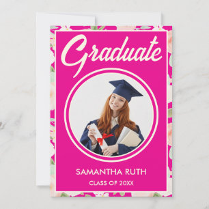 Elegant Hot Pink Ivory Floral Photo Graduation Invitation
