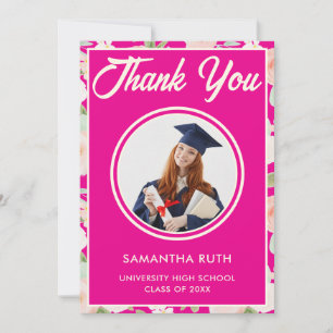 Elegant Hot Pink Ivory Floral Photo Graduation Thank You Card