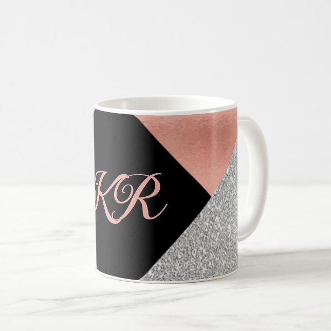 Elegant Hot Pink Silver Glitter Black Monogram Coffee Mug (Front Right)