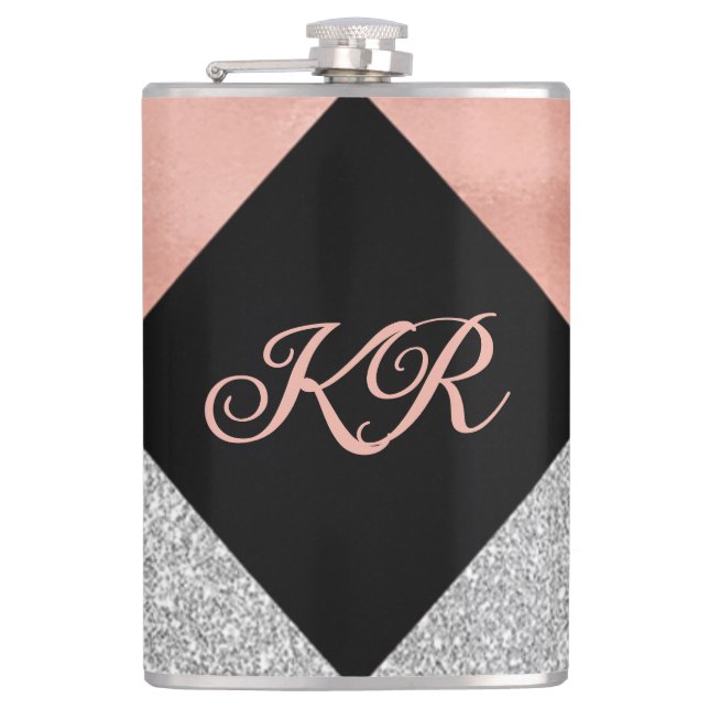 Elegant Hot Pink Silver Glitter Black Monogram Hip Flask (Front)
