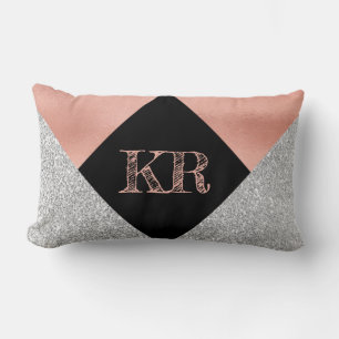 Elegant Hot Pink Silver Glitter Black Monogram  Lumbar Pillow