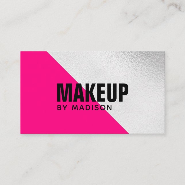 Elegant Hot Pink Silver Modern Chic Makeup Artist Business Card (Front)