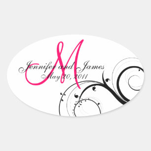 Elegant Hot Pink Swirl Monogram Wedding Stickers