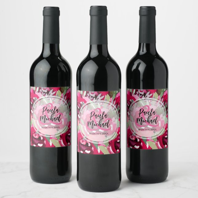 Elegant Hot Pink Watercolor Floral Wedding Wine Label (Bottles)