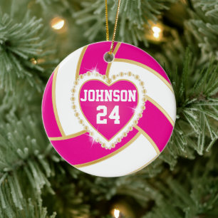 Elegant Hot Pink, White and Gold Volleyball Ceramic Ornament