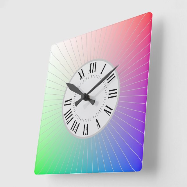 Elegant Hour Roman Markers, Minute Rays on Rainbow Square Wall Clock (Angle)