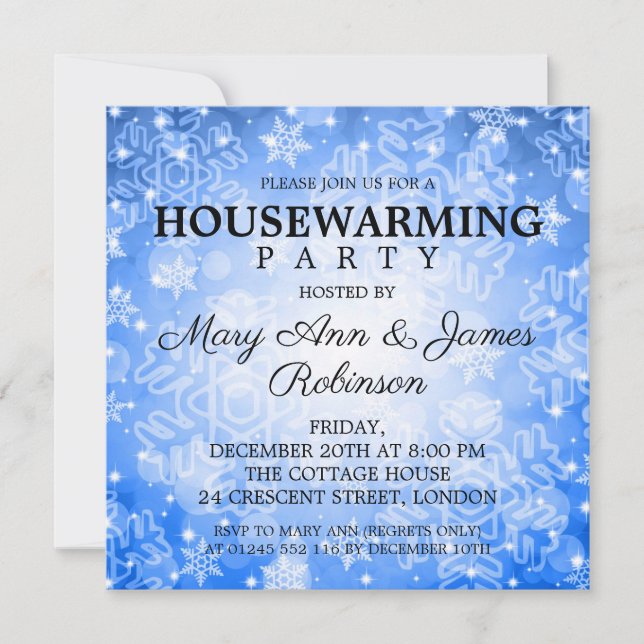 Elegant Housewarming Party Blue Winter Bokeh Invitation (Front)
