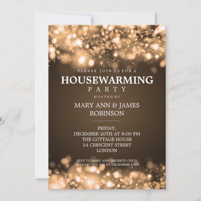 Elegant Housewarming Party Gold Sparkling Lights Invitation (Front)