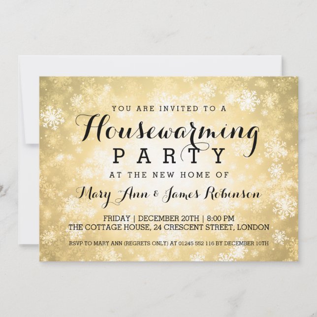 Elegant Housewarming Party Gold Winter Wonderland Invitation (Front)