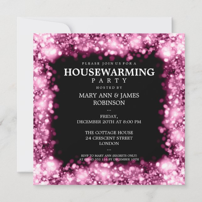 Elegant Housewarming Party Pink Sparkling Lights Invitation (Front)