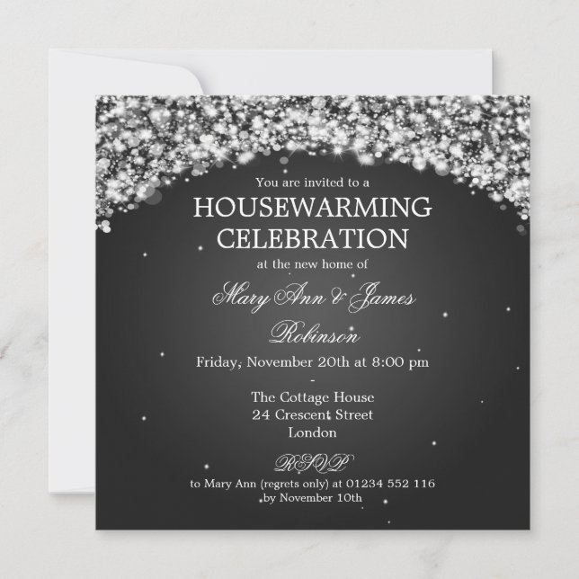 Elegant Housewarming Party Sparkling Arch Black Invitation (Front)