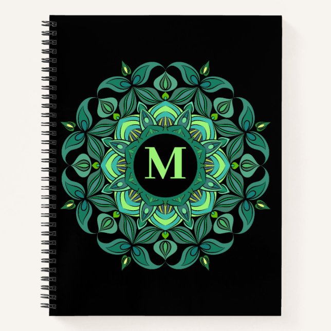 Elegant Hues of Green Mandala Flourish Monogram Notebook (Front)