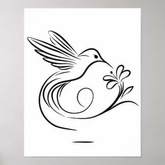 Elegant Hummingbird and Flower Line Art Wall  Poster