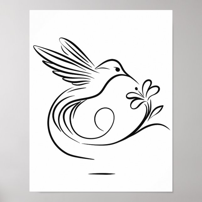 Elegant Hummingbird and Flower Line Art Wall  Poster (Front)