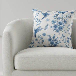 Elegant Hummingbird Butterfly Floral Blue Toile Throw Pillow